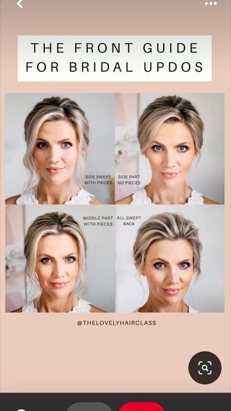 The Front Guide For Bridal Updos, Front Of Updo Hair, Side Parting Updo Wedding, Bridal Hair Updo Elegant Front View, Front Guide Bridal Hair, Low Updo Bridesmaid Hair, Wedding Hair Up Do Front View, Wedding Hair Up Front View, Front Of Bridal Updo