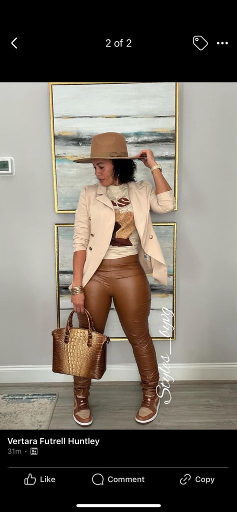 Cute First Date Outfits Black Women, Casual Chic Fall Outfits 2024, Faux Brown Leather Leggings Outfit, Leather Pants Outfit With Sneakers, Leather Pants And Sneakers Outfits, Winter Date Night Outfit Black Women, Fall Outfits Black Women Casual, Tan Outfits For Black Women, Fall Engagement Party Outfit