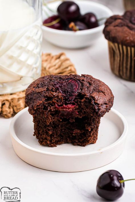 Chocolate Cherry Muffins, Cherry Muffins, Danish Dough, Bakery Style Muffins, Cherry Chocolate, Cherry Desserts, Muffin Batter, Frozen Cherries, Fresh Cherries