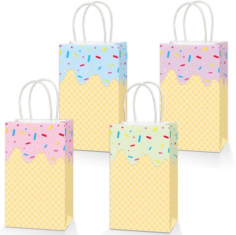 PRICES MAY VARY. Package includes: You'll get 16pcs ice cream gift bags in 4 different designs. The size is 8 x 4.7 x 3 inches/20 x 12 x 8cm. The suitable size of the greenery paper bags can hold party favors, such as cookies, chocolates, candies, toys, snacks, soaps, handicrafts,and small gifts. Premium material: The summer ice-cream goodie bags are made of durable kraft paper, ensuring that they can hold different types of gifts without tearing or breaking. The handles are also well-constructe Sweet One Goodie Bags, Ice Cream Themed Party Favors, Ring Pop Birthday, Ice Cream Gift Ideas, Ice Cream Party Favors, Icecream In A Bag, Sweets Party, Ice Cream Party Theme, Birthday Treat Bags