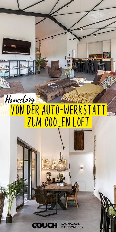 livinginthegarage hat die alte Autowerkstatt ihre Vaters zu einem stylishen Loft umgebaut. #loft #homestory #sanieren #renovieren #einrichten #wohnen #COUCHstyle Industrial Workspace, Loft Stil, Modern Loft, Work Space, Loft, Favorite Places, Couch, Patio, Outdoor Decor