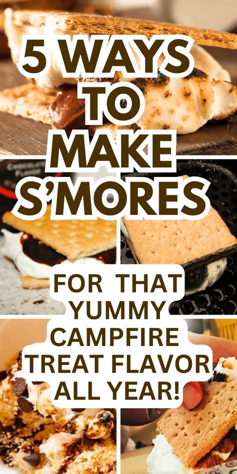 5 Different Ways To Make Smores Recipes - easy s'mores recipe ideas to make smore treats that taste like campfire smores all year long - from smores ice cream to microwave smores to sheet pan smores desserts for a crowd and more! #smores #smorerecipe #desserts #snacks #sweettreats #summerrecipes #fallrecipes Make Smores Indoors, Smores Indoors Ideas, Stove Top Smores, Easy Smores Dessert Simple, Best Smores Recipe, Hot Chocolate And Smores Bar, S’more Recipe Ideas, Frozen Smores Recipe, S'more Ideas Campfires