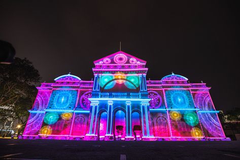 Projection Mapping Building, Town Festival, 3d Projection Mapping, 3d Projection, 3d Mapping, Barbie Halloween, Colored Lights, George Town, Barbie Theme