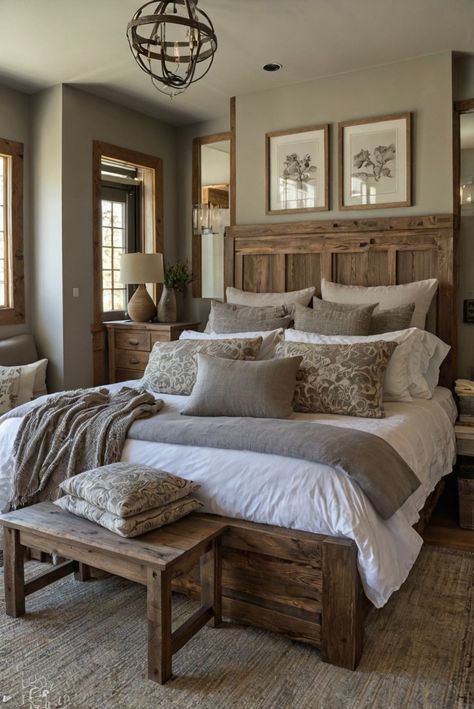 Elegant Rustic Bedroom Ideas, Cabin Bedroom Ideas Rustic Modern, Rustic Bedroom Paint Colors, Warm Gray Bedroom, Future House Bedroom Master, Rustic House Bedroom, Rustic Master Bedrooms Decor, Sherwin Williams Anew Gray, Rustic Bedroom Decor Ideas