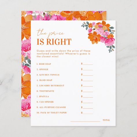 Pink Floral The Price is Right Bridal Shower Game Orange And Pink Bridal Shower Ideas, Orange And Pink Bridal Shower, Pink And Orange Bridal Shower Decor, Pink Bridal Shower Ideas, The Price Is Right, Elegant Bridal Shower, Pink Bridal Shower, Price Is Right, Bridal Shower Game