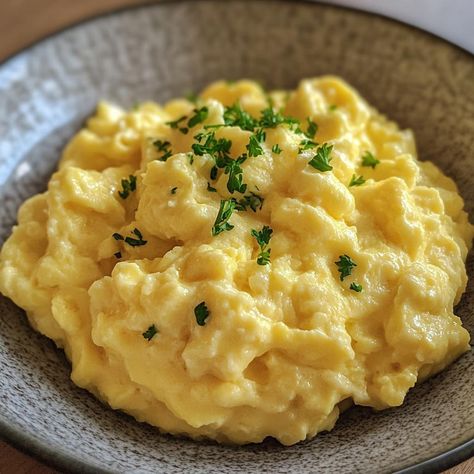 via @thenandnowspace Scrambled Eggs With Mayonnaise, Scrambled Eggs With Ham And Cheese, Scrambled Eggs With Ham, Runny Scrambled Eggs, Cheesy Eggs Scrambled, Scrambled Eggs With Greek Yogurt, Creamy Eggs Scrambled, Egg Scramble Casserole, Cheesy Scrambled Egg Recipes