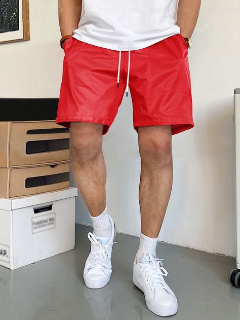 Red Casual Collar  Fabric Plain Straight Leg Embellished Non-Stretch  Men Bottoms Red Shorts Outfit, Mens Shorts Outfits, Drawstring Waist Shorts, Khaki Fashion, Red Shorts, Short Shirts, White T, Drawstring Shorts, Mens Bottom