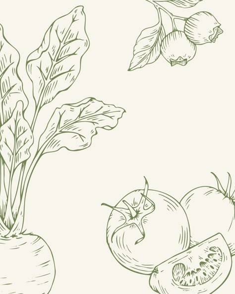 Vegetables Illustration Drawing, Organic Food Illustration, Fruit And Vegetable Illustration, Hand Drawn Food Illustration, Vegetable Line Art, Organic Illustration Design, Fruits Illustration Design, Food Line Illustration, Gardening Graphic Design