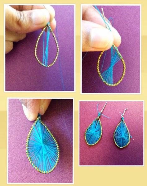 Diy Thread Earrings, Crocheted Jewelry, String Earrings, Homemade Earrings, Basic Jewelry, Art Earrings, Thread Earrings, Earrings Diy, Jewelry Techniques