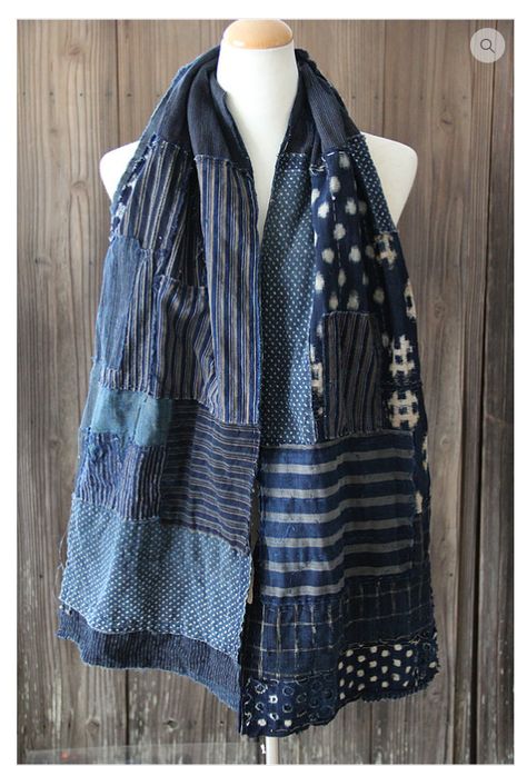 Diy Shawl, Sashiko Boro, Ropa Upcycling, Boro Stitching, Sashiko Pattern, Patchwork Clothes, Patchwork Scarf, Textile Art Embroidery, Fabric Scarf