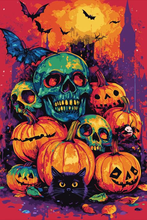 Pop Art Aesthetic, Dark Cyan, Vintage Poster Design, Colorful Skulls, Modern Pop Art, Pop Art Style, Red Sky, Art Aesthetic, Halloween Wallpaper