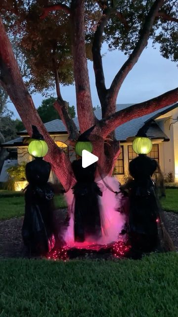 HGTV on Instagram: "*The* DIY of the Halloween season 🧙‍♀️  Follow along as @withinthegrove crafts these wickedly easy DIY witches that are perfect for your haunted outdoor display.   #HGTVHowTo" Witches Front Yard Decor, Diy Backyard Halloween Decorations, Diy Witches Holding Hands In A Circle, How To Make A Witch For The Yard, Dancing Witches Halloween Decor, Halloween Witches Decorations Outdoor Diy, Witch Theme Outdoor Halloween Decor, Creative Outdoor Halloween Decor, Diy 3 Witches Holding Hands