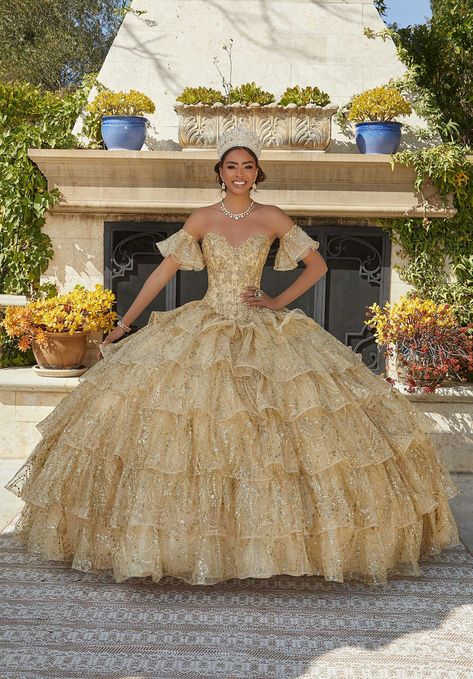 Jeweled and Embroidered Tiered Quinceañera Dress Quinceanera Dresses Damas, Damas Dresses, Quinceanera Dresses Gold, Tulle Balls, Graceful Movement, Sparkle Skirt, Dresses Quinceanera, Baptism Dress, Tulle Ball Gown