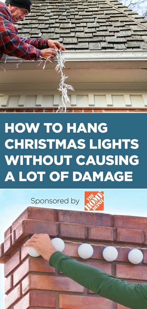Top: Man hangs Christmas lights on eaves of house. Bottom: Woman hangs Christmas lights. Best Way To Hang Christmas Lights, How To Put Up Christmas Lights On House, Easy Way To Hang Christmas Lights, How To Hang Christmas Lights, How To Hang Outdoor Christmas Lights, Hang Christmas Lights Outside Hacks, How To Hang Christmas Lights Outside, Christmas Light Hangers, Christmas Light Hooks
