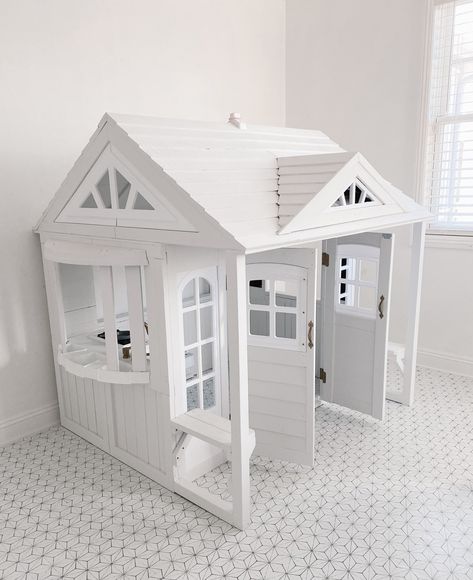 A Bright White Wonderland: Our Playroom Reveal | Mint Arrow #mintarrow #kids #home #playroom #kidsroom #playroomreveal #slide #playhouse #playhousemakeover #toys #toyorganization #organization Playroom With Playhouse, Small Playhouse Interior, Step Makeover, Costco Playhouse, White Playhouse, Playroom Playhouse, Farmhouse Playhouse, White Playroom, Small Benches