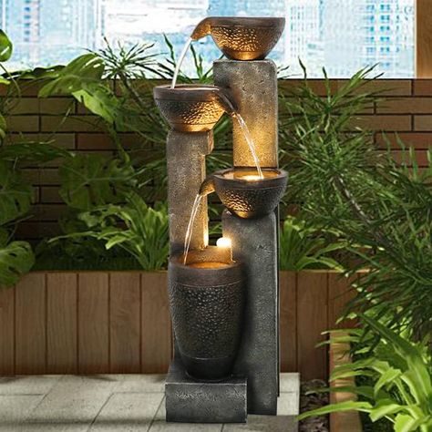 Hamiedun 40''H 4-Tier Outdoor Garden Water Fountain Decor, Resin Fountain for Garden, Floor Patio, Deck, Porch, Backyard and Home Art Decor (40inch) Resin Waterfall, Waterfall Outdoor, Resin Fountain, Outdoor Waterfall Fountain, Outdoor Waterfalls, Rock Fountain, Garden Water Fountains, Fountains Backyard, Stone Fountains