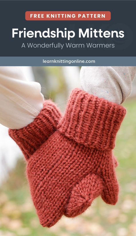 Make a pair of these simply cozy knitted mitts for each one of your friends this winter season. This easy knitting pattern is worked in stockinette stitch with ribbed cuffs and has sizes from S - XL. It's also an ideal knitting project for charity. | More free knitting patterns and tutorials at learnknittingonline.com Knit Mittens Pattern, Cable Knit Mittens, Knitting Space, Gloves Knitting, Winter Knitting Patterns, Easy Knitting Patterns Free, Knitted Mittens Pattern, Knitting For Charity, Knitted Mittens