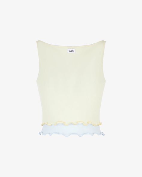 Tulle Tank Top : Women Tops & Bodysuits Pastel yellow |GCDS® Elegant Tops, Tank Top Women, Leather Thong Sandals, Flare Trousers, Pastel Yellow, Top Women, Chain Earrings, Women Tops, Light Yellow