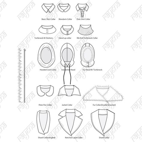 A set of 15 vector fashion Collar illustration templates to be used on various garments. Collars are created using standard 9-head fashion croquis to fit the necklines. Front patterns are set to edit as back patterns.  Pack includes - Basic Shirt Collar, Mandarin Collar, Polo Shirt Collar, Turtleneck w/buttons, Stand-up Collar, Rib Knit turtleneck, Hooded Cowl Collar, Sweatshirt Hood, Fur Hood, Peter Pan Collar, Jacket Collar, Fur Collar, Basic Shawl Collar, Angled Shawl Collar and Notched Lapel Collar Sketch, Sketch Digital Art, Flutter Sleeve Pattern, Technical Sketch, Sketch Digital, Collar Fashion, Graphic Design Fashion, Pattern Dress Women, Flat Sketches