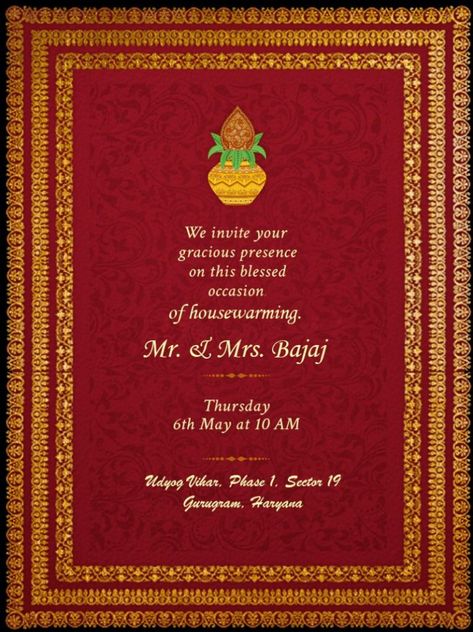 Griha Pravesh (Housewarming) Invitation Card Messages, Wording Ideas Vastu Pujan Invitation Card, Housewarming Invitation Message, Housewarming Invitation Wording, Housewarming Wishes, Housewarming Invitation Cards, Housewarming Invitation Templates, Frame Invitation, Housewarming Invitation, Online Invitation Card