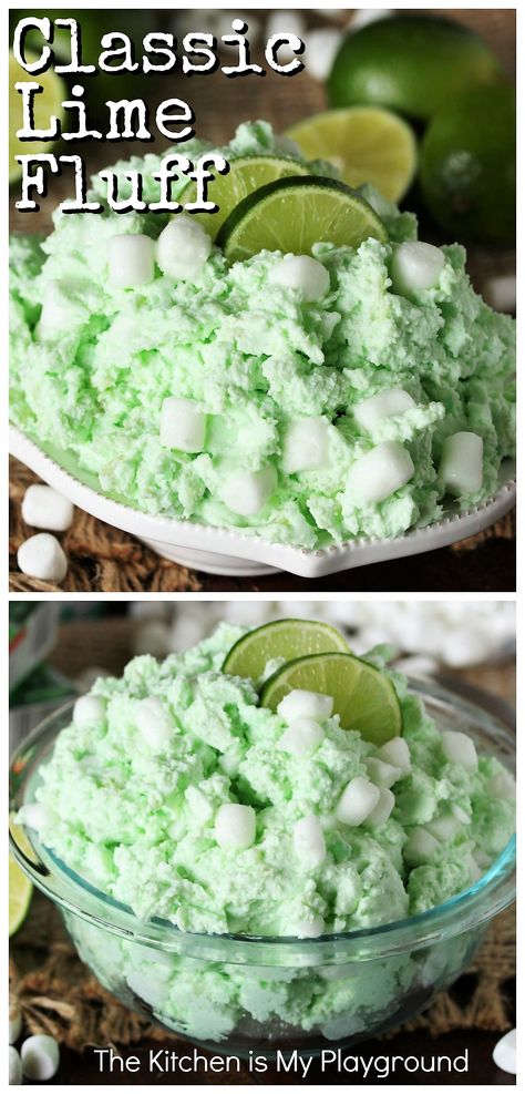 Old-Fashioned Sea Foam Salad (Lime Fluff) ~ Serve this vintage dish as a dessert salad, or as a sweet side. Either way, this old-fashioned Sea Foam Salad is one tasty Jello salad classic! Perfect for Thanksgiving or Easter dinner, or any everyday meal. #limefluff #seafoam #seafoamsalad #fluffsalad  www.thekitchenismyplayground.com Seafoam Salad Recipe, Thanksgiving Jello Salad, Fancy Jello, Lime Fluff, Jello Dishes, Green Jello Salad, Marshmallow Salad, Fluff Salads, Berry Smoothies