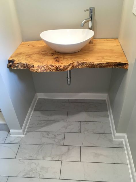 Vessel Sink On Live Edge Wood, Wood Basin Bathroom, Rustic Vessel Sink Vanity, Bathrooms With Vessel Sinks, Wood Vessel Sink, Rustic Sink Vanity, Rustic Vessel Sink, Rustic Sink Bathroom, Wooden Sinks Bathroom