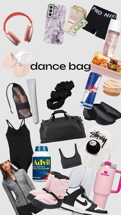 dance bag as an all around dancer Dance Essentials Bags, Dance Bag Essentials List, Ballerina Essentials, Dance Bag Aesthetic, Whats In My Dance Bag, Dancer Off Duty, Dance Bag Essentials, Dance Wishlist, Uni Prep