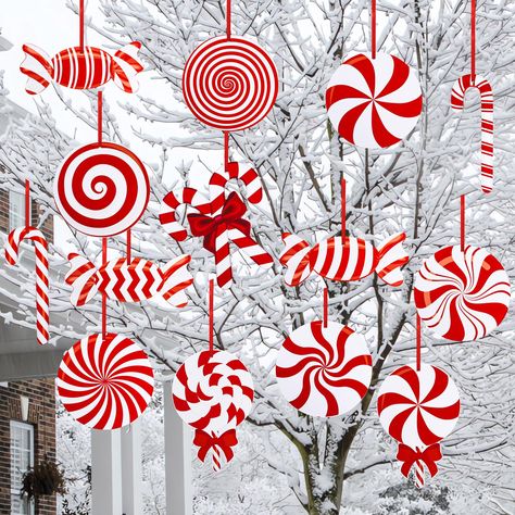 Hanging Candy Canes From Ceiling, Candy Cane Forest Decorations Elf, Diy Candy Canes Outdoor, Lollipop Christmas Tree, Lollipop Christmas, Christmas Banquet, Candy Cane Lollipops, Dance Theme, Canes Decor