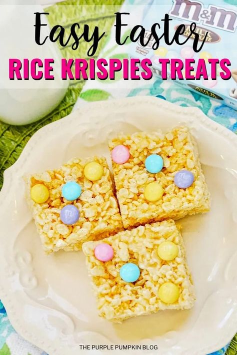 These yummy Easter Rice Krispies Squares are so easy and quick to make and use just four ingredients! They're a delicious Easter sweet treat for kids and adults alike! #EasterRiceKrispiesSquares #ThePurplePumpkinBlog #Recipes #SweetTreats #Easter #EasterRecipes #RiceKrispiesTreats M M Rice Krispie Treats, Easter Rice Krispies, Easter Rice Krispie Treats, Easter Deserts, Faux Desserts, Spring Breakfast, Kids Treats, Easy Easter Treats, Milk Tart