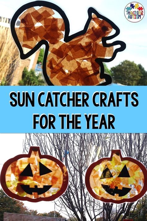 My kids love to make these sun catcher crafts, and they look great on display in our classroom. So, now we make sun catcher crafts all year round to decorate our room! #KidsCrafts #CraftsForKids Pumpkin Sun Catchers For Kids, Fall Sun Catchers Preschool, Preschool Art Crafts, Preschool Art Display, Halloween Curriculum, Pumpkin Craft Kindergarten, Dark Classroom, Fall Kindergarten Crafts, Sun Catcher Craft