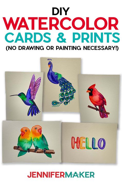 Pinterest for DIY watercolor cards featuring birds painted with Cricut watercolor markers. Cricut Watercolor, Cards With Cricut, Diy Watercolor Cards, Water Color Markers, Pen Projects, Jennifer Maker, Watercolor Markers, Paper Art Projects, Reading Tarot