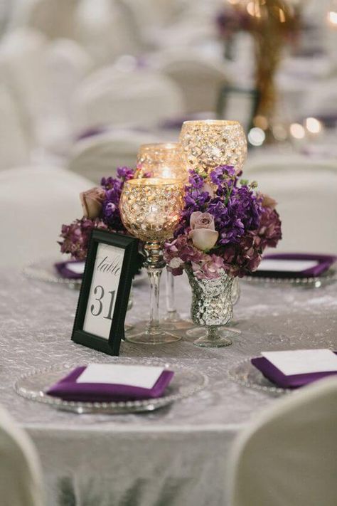 Gorgeous Purple October Wedding Color Inspirations - ColorsBridesmaid October Wedding Colors, Purple Fall Wedding, Purple Wedding Centerpieces, Purple Centerpieces, Purple And Gold Wedding, Gold Wedding Colors, Wedding Color Inspiration, Elegant Centerpieces, Wedding Centerpieces Diy