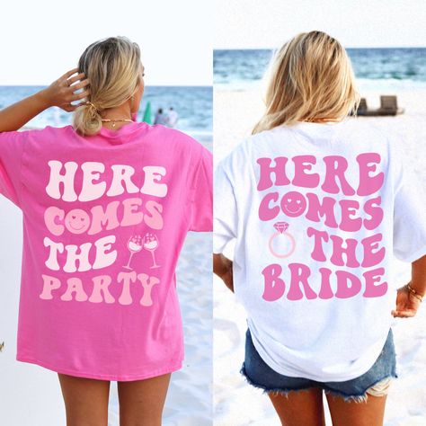 Excited to share this item from my #etsy shop: Pink Retro Here Comes the Bride Shirt, Here Comes the Party Shirt, Coastal Bride, Retro Bride Shirt, Beach Bride Shirt, Preppy Beach Bride Bride To Be Clothes, Bride T-shirts, Wedding Party T Shirts, Back Print Design, Bachelorette T Shirt, Bachelorette Party Tshirts, The Party, Retro Bride, Preppy Beach