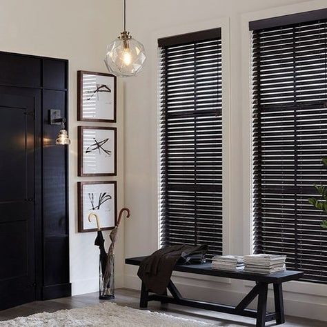 Black Wooden Blinds Living Room, Black Blinds Living Room Lowe's, Colored Blinds For Windows, Black Bedroom Blinds, Expresso Faux Wood Blinds, Blinds For Gray Walls Living Rooms, Blinds For White Walls, Black Wooden Blinds Bedroom, Black Wood Blinds Living Room