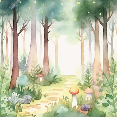 Photo a watercolor painting of a forest ... | Premium Photo #Freepik #photo #grove #woodland #forest-illustration #cute-tree Enchanted Forest Illustration Fairytale, Woodland Illustration Forest, Woodland Scene Illustration, Watercolor Forest Background, Cute Forest Background, Forest Illustration Trees, Forest Background Drawing, Forest Background Illustration, Enchanted Forest Watercolor