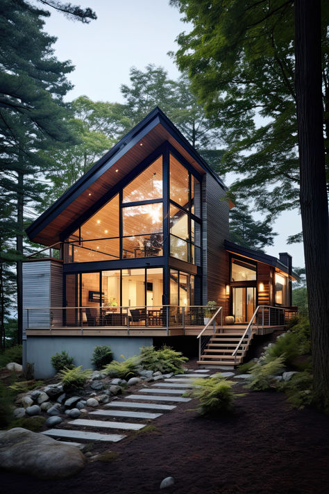 #modern, #moderncottage, #moderncottagehouse, #cottagedsedign Forest Home Interior Design, Airbnb Mountain Cabin, Modern Camp House, Contemporary Cabin Exterior, Wood Cabin Design, Mountain Modern Home Exterior, Modern Contemporary House Exterior, Modern Cabin Exterior, Modern Mountain Home Exterior