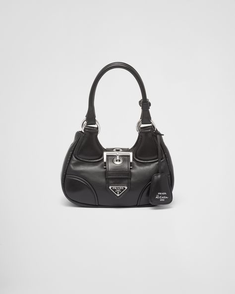 Black Prada Moon Padded Nappa-leather Bag | PRADA Bag Stand, Leather Keyring, Black Purse, Pretty Bags, Bag Trends, Wash Bags, Nappa Leather, Leather Mini, Prada Bag