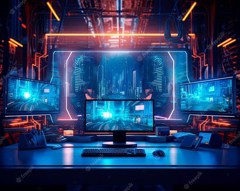 Premium AI Image | 3D monitor with computer in futuristic interior with lights in map montage style Futuristic Computer, Computer Processor, Futuristic Interior, Image 3d, Design Web, Room Designs, Room Design, Web Design, Computer