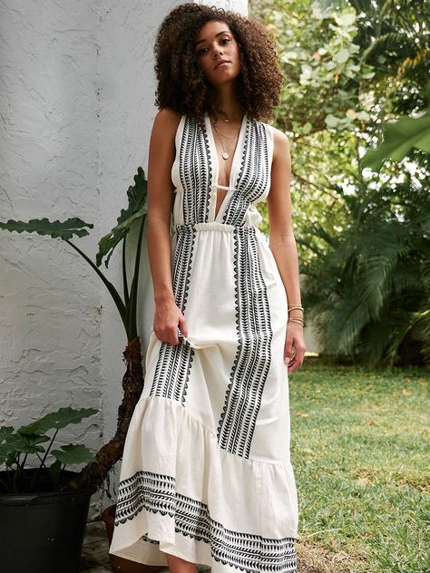 The Yani Black collection features intricate black Tibeb bands on a textured vanilla background. This maxi V-neck dress features a deep plunge neckline, bare sides, and maxi length for a showstopping silhouette. This dress comes with straps that can be adjusted for a perfectly customized fit. Hand-woven in Ethiopia, this silhouette is made of soft hand-spun cotton for a light and comfortable feel. GIVING BACK | 5% of all purchases will be donated to the lemlem Foundation. FINAL SALE - This style Dresses Summer 2024, Strictly Dresses, Tahitian Dress, Vanilla Background, Black Leggings Casual, Cochella Outfits, Resort Casual, Samba Outfit, Boho Fashion Summer