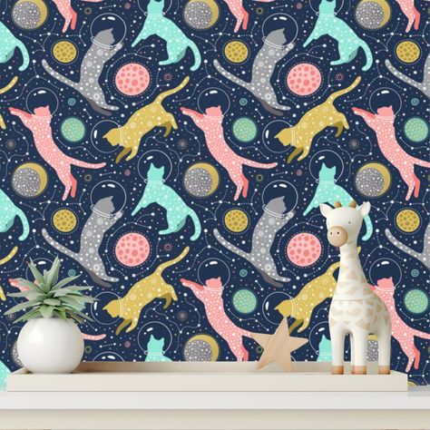 Cute Celestial Mystical Space Cats Wallpaper Cat Themed Bedroom, Cat Rooms, Cats In Space, Cat Nursery, Bedroom Boy, Outer Space Theme, Moon Princess, Space Wallpaper, Themed Bedroom