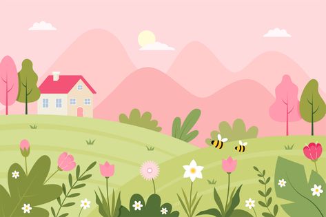 Spring Landscape Illustration on Behance Cute Backgrounds Landscape, Aesthetic Wallpaper Spring, Spring Lockscreen, Spring Wallpaper Aesthetic, Spring Aesthetic Wallpaper, Wallpaper Edgy, Spring Cartoon, Penanda Buku, Landscape Vector