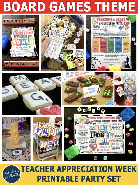 Teacher appreciation week is a perfect time to celebrate the hard work that teachers put into their jobs. Show them that you are not playing any games when you say you appreciate them to pieces and would be completely puzzled without them. This board game theme printable party pack comes equipped with everything you need to host a fun filled board game-themed teacher appreciation week!          Appreciate your teachers to pieces with the following customizable items: Board game theme pri Get In The Game School Theme, Board Game Staff Appreciation, Appreciation Theme Party Ideas, Teacher Appreciation Week Game Theme, Teacher Appreciation Week For Staff, Game Themed Teacher Appreciation Week, Staff Appreciation Week Theme Ideas, Game Theme Teacher Appreciation, Board Game Teacher Appreciation Week