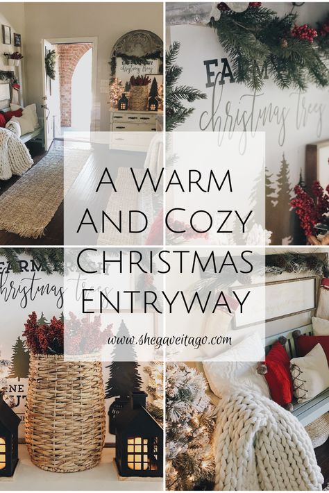 A warm and cozy Christmas entryway with tons of Christmas decorating ideas to inspire you!   #farmhousestyle #Christmas #decor #entryway #cozy Foyer Bench Christmas Decor, Den Christmas Decor, Christmas Decorating Ideas For The Home Cozy, Holiday Foyer Table Decor, Homey Christmas Decor Ideas, Mudroom Christmas Decor Ideas, How To Decorate A Bench For Christmas, Christmas Cozy Home Living Room, Christmas Nook Decor