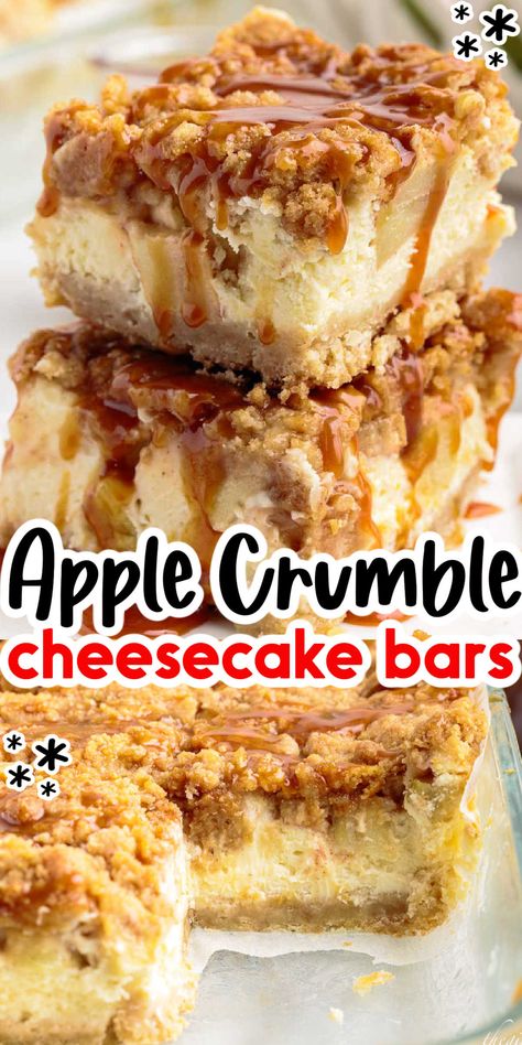 These apple cheesecake bars start with a shortbread crust, followed by a creamy cheesecake layer, smeared with fresh apple pie filling, and topped off with a homemade streusel. Drizzle with caramel for a decadent and delicious dessert. Apple Strudel Cheesecake Bars, Homemade Apple Filling, Desserts Made With Fresh Apples, Apple Crumb Cheesecake Bars, Apple Pie Blondie Bars, Apple Pie Filling Cream Cheese Desserts, Apple Crumble Dessert Recipes, Desserts Made With Apple Pie Filling, Apple Cheesecake Crumble