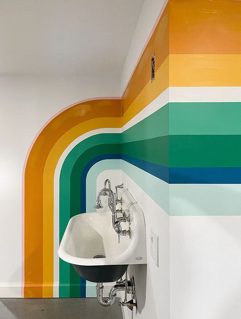 Drink a mural by Racheal Jackson of Banyan Bridges Funky Wall Paint, Funky Wall Paint Ideas, Banyan Bridges, Colourful Mural, Sun Mural, Paint Design Ideas, Wall Paint Ideas, Bathroom Mural, Wall Murals Diy