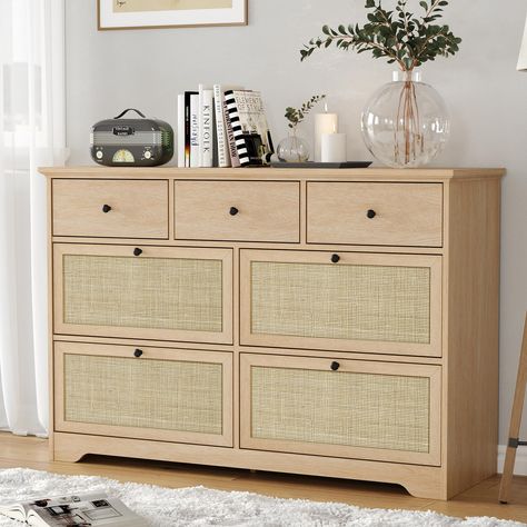 PRICES MAY VARY. Premium Material & Sturdy and Durable: This 9-drawer dresser is made of high-grade MDF environmental material, the drawer door is made of natural rattan with round metal knobs. This material is safe and environmentally friendly, ensuring no danger and no peculiar smell. The sturdy steel bottom with steel legs is very strong, making the cabinet stronger in load-bearing capacity and not easily deformed. Natural and Simple Design: The 9 drawers is hand-woven from natural rattan, th Neutral Boy Nursery Dresser, Dresser Changing Basket, Nursry Dresser, Baby Nursery Above Dresser, Nursery Dresser Top Drawer, Changing Table Dresser In Closet, Caining Dresser, Wooden Dresser Bedroom Boho, Boho Farmhouse Bedroom Dressers