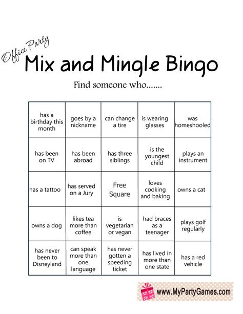 Free Printable Office Party Mix and Mingle Bingo Mix And Mingle Party Ideas, Mingle Games, Staff Bingo, Mingle Bingo, Office Bingo Free Printable, People Bingo Printable, Find Someone Who Bingo For Adults, Kid Holiday Games, Housewarming Party Games