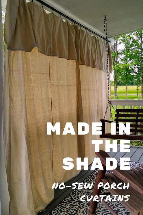 Here's an easy, no-sew, inexpensive solution for adding shade to a sunny porch. Temporary Outdoor Shade Ideas, Drop Cloth Patio Curtains, Diy Sun Shades For Patio Outdoor, Porch Sun Shade Ideas, Shade Ideas For Deck, Porch Shade Ideas, Drop Cloth Curtains Outdoor, Front Porch Curtains, Patio Shade Diy