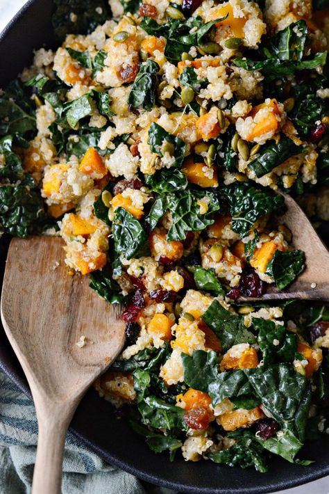 Crunchy Kale And Quinoa Winter Salad, Baked Kale Salad With Crispy Quinoa, Winter Quinoa Recipes, Winter Quinoa Salad, Hot Salad Recipes, Kale Butternut Squash Salad, December Meals, Salad With Butternut Squash, Warm Kale Salad