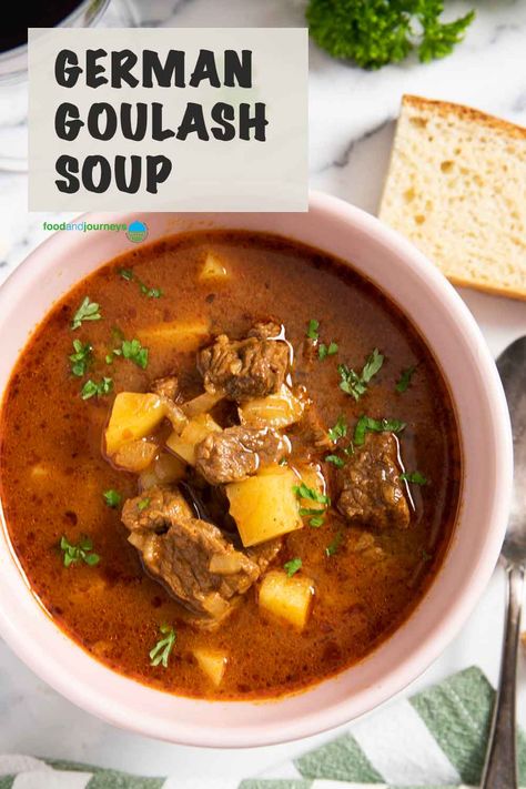 Austrian Goulash Soup, German Soups Recipes, Goulash Soup German, Authentic German Goulash Recipes, German Goulash Soup, German Soups And Stews, Goulash Soup Recipe, International Soup Recipes, Golumpki Soup